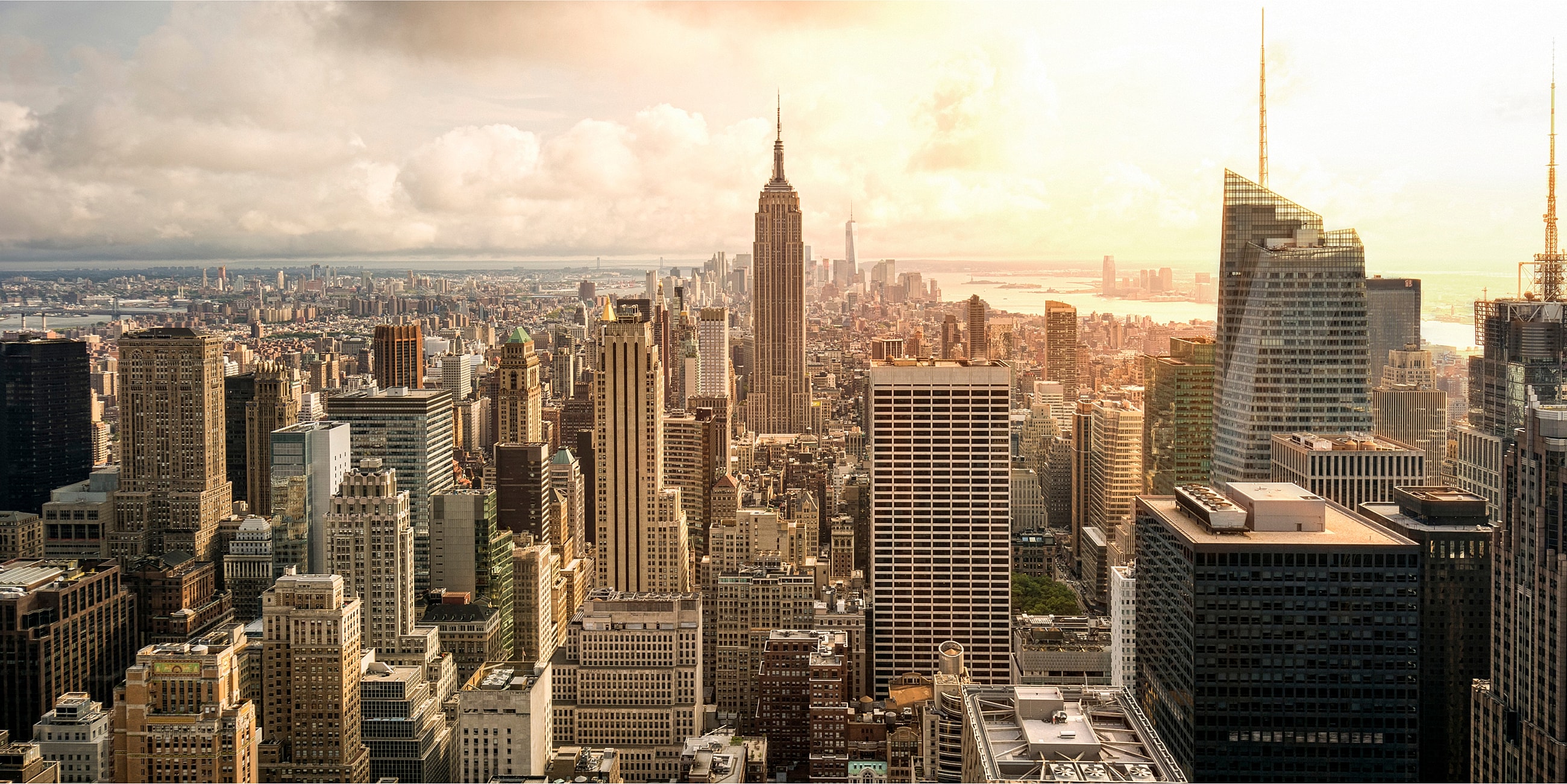 New York City skyline at sunset.